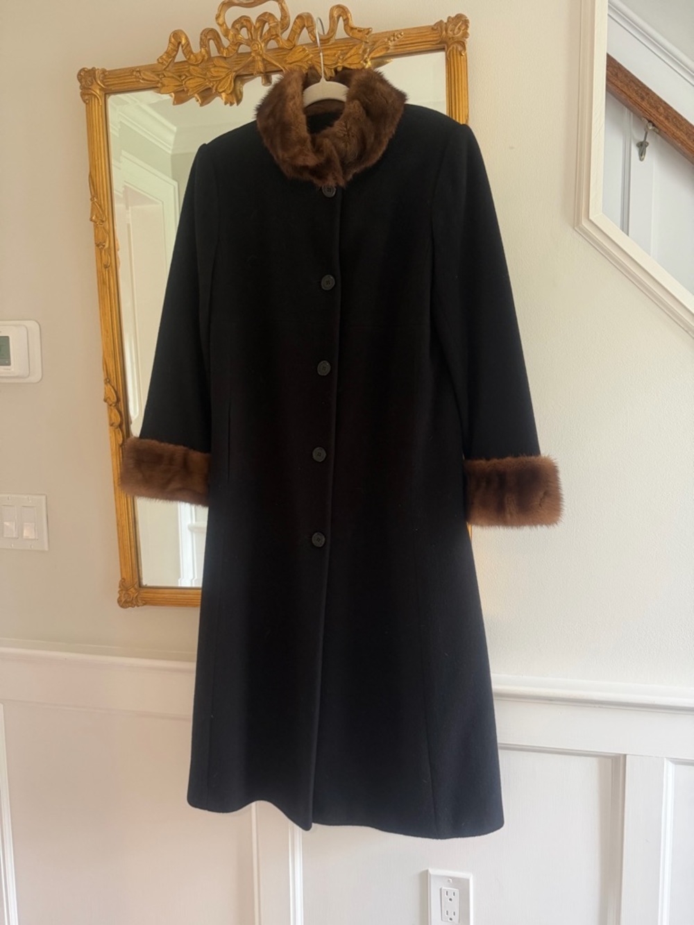 Marvin Richards Black Coat with Brown Fur Trim